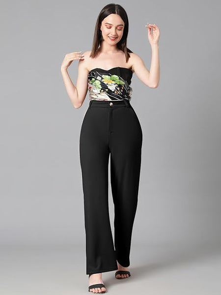 Women's High Rise Jade Black Cotton Fit Trousers