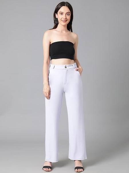 Women's High Rise White Cotton Fit Trousers