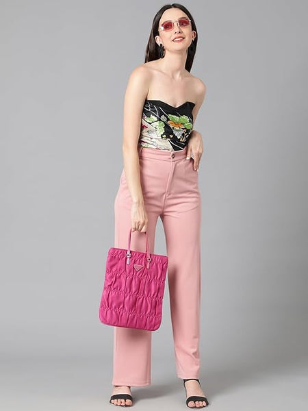 Women's High Rise Light Pink Cotton Fit Trousers