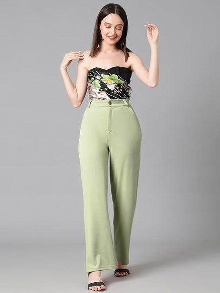 Women's High Rise Saga Green Cotton Fit Trousers