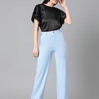 Women's High Rise Sky Blue Cotton Fit Trousers