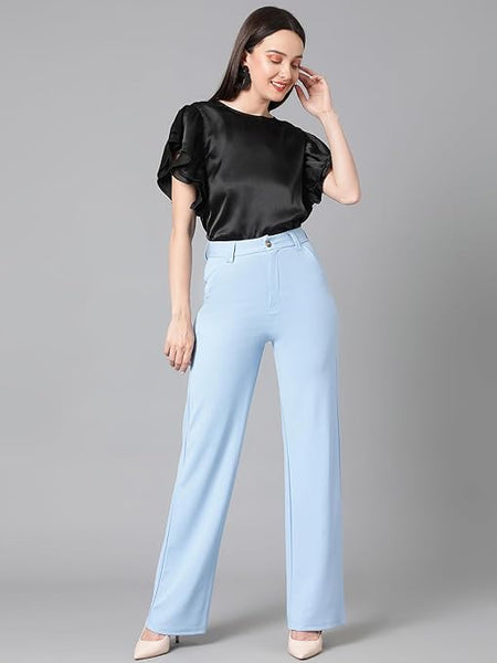 Women's High Rise Sky Blue Cotton Fit Trousers