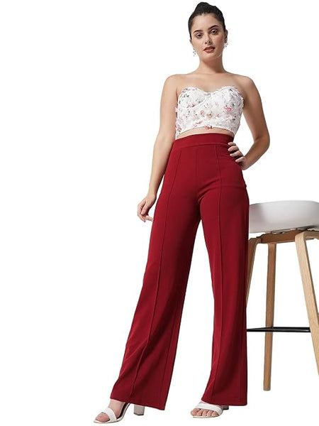 Women Solid Polyester Cherry Maroon Trouser