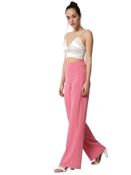 Women Solid Polyester Pink Trouser