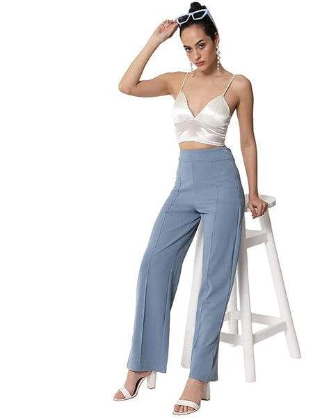 Women Solid Polyester Blue Trouser