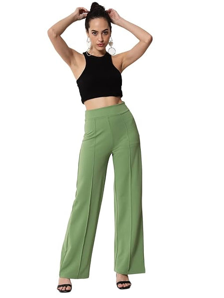 Women Solid Polyester Light Green Trouser