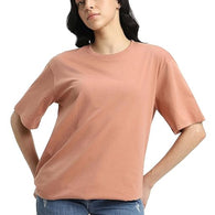 Pure Cotton Women Half Sleeve Beige T-Shirt