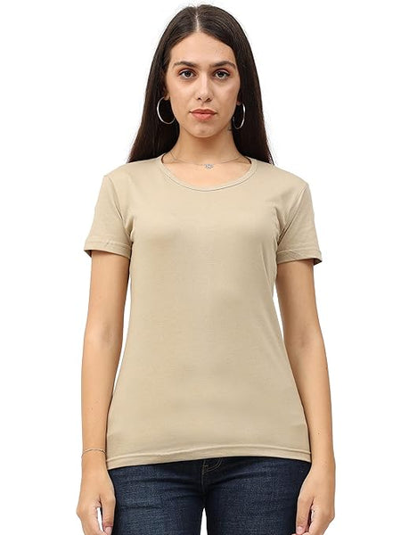 Women Plain Cotton Light Brown T-Shirt