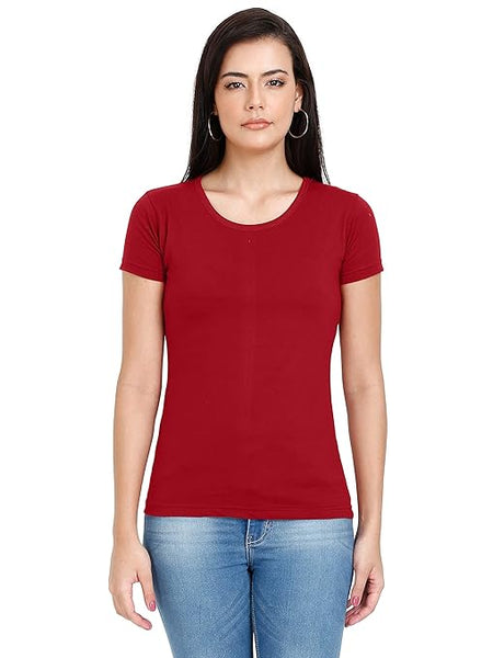 Women Plain Cotton Maroon T-Shirt