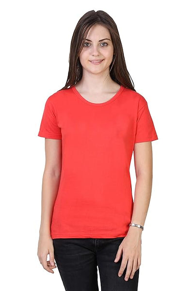 Women Plain Cotton Coral Red T-Shirt