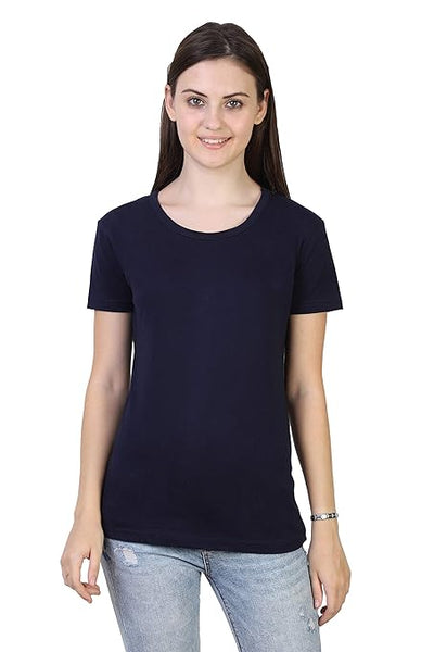 Women Plain Cotton Navy Blue T-Shirt