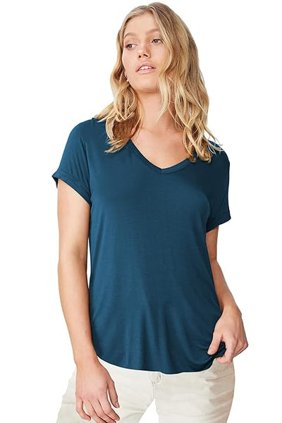 Women Solid Cotton V-Neck BlueT-shirt