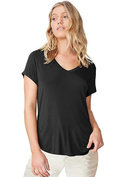 Women Solid Cotton V-Neck Black T-shirt