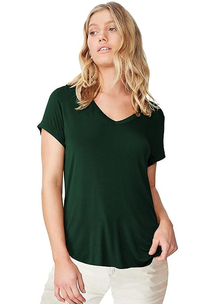 Women Solid Cotton V-Neck Green T-shirt