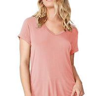 Women Solid Cotton V-Neck Rose Pink T-shirt