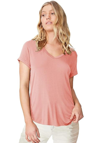 Women Solid Cotton V-Neck Rose Pink T-shirt