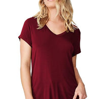 Women Solid Cotton V-Neck Maroon T-shirt