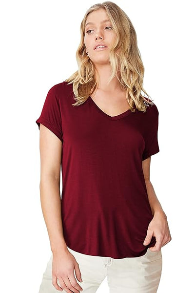 Women Solid Cotton V-Neck Maroon T-shirt