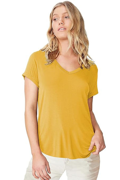 Women Solid Cotton V-Neck Mustard Yellow T-shirt