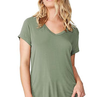 Women Solid Cotton V-Neck Saga Green T-shirt