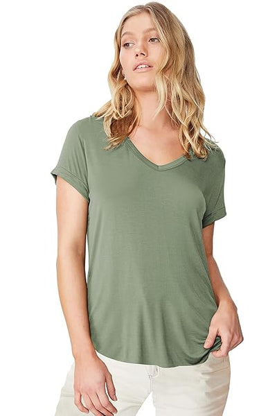 Women Solid Cotton V-Neck Saga Green T-shirt