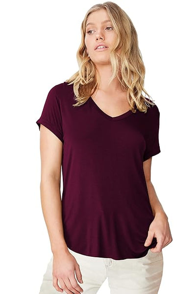 Women Solid Cotton V-Neck Wine T-shirt