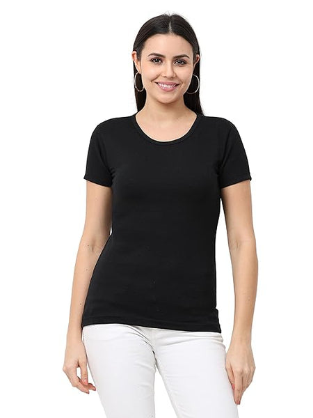 Women Cotton Plain Black T-Shirt