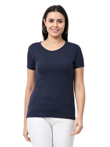 Women Cotton Plain Navy Blue T-Shirt