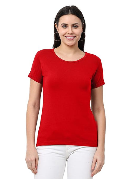 Women Cotton Plain Red T-Shirt