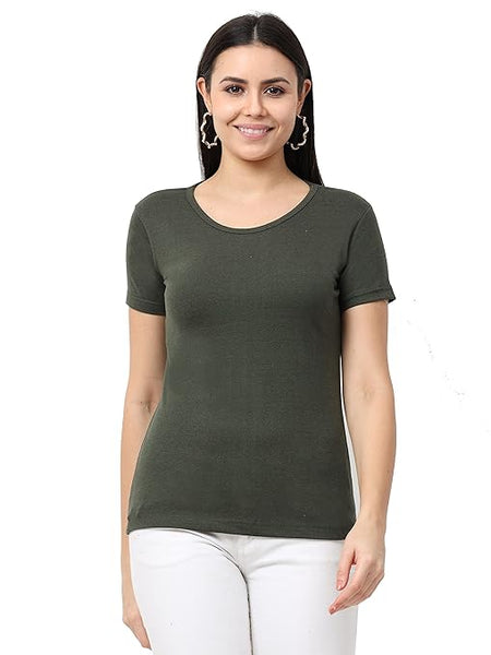 Women Cotton Plain Olive Green T-Shirt