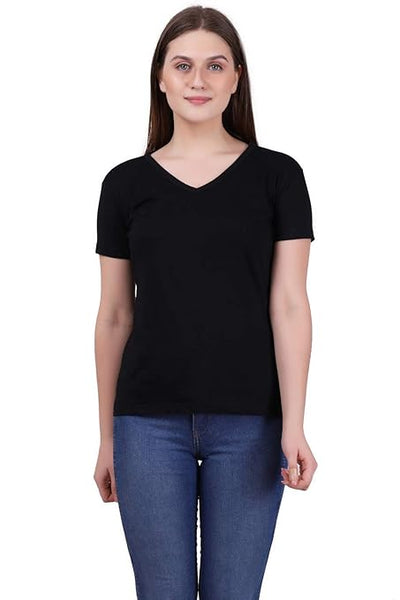 Women Plain V Neck Black T-Shirt