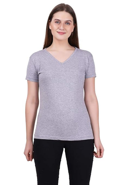 Women Plain V Neck Grey Milange T-Shirt