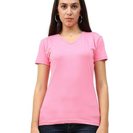 Women Plain V Neck Light Pink T-Shirt