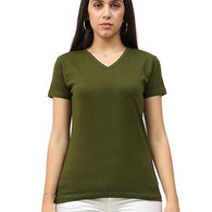 Women Plain V Neck Olive Green T-Shirt