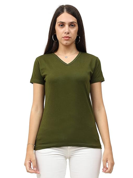 Women Plain V Neck Olive Green T-Shirt