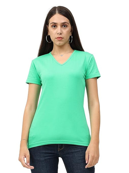 Women Plain V Neck Pista Green T-Shirt