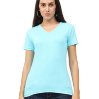 Women Plain V Neck Sky Blue T-Shirt