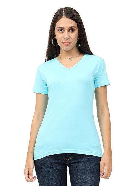 Women Plain V Neck Sky Blue T-Shirt