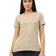 Women Plain V Neck Light Brown T-Shirt