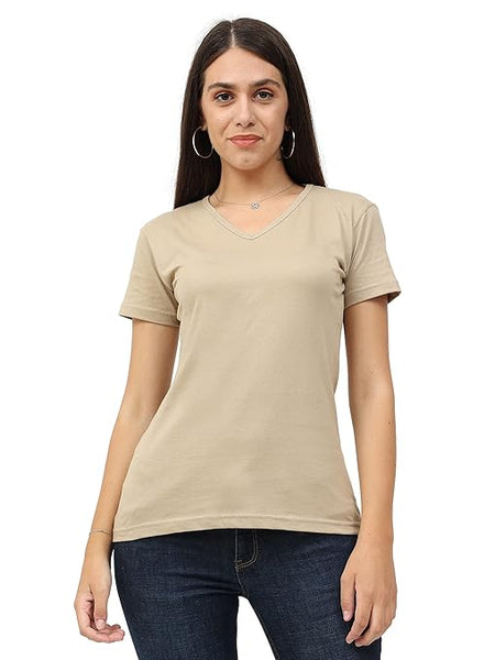 Women Plain V Neck Light Brown T-Shirt