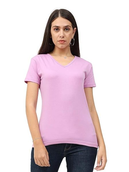 Women Plain V Neck Lavender T-Shirt