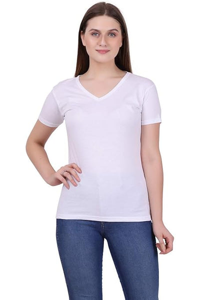 Women Plain V Neck White T-Shirt