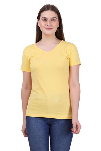 Women Plain V Neck Yellow T-Shirt