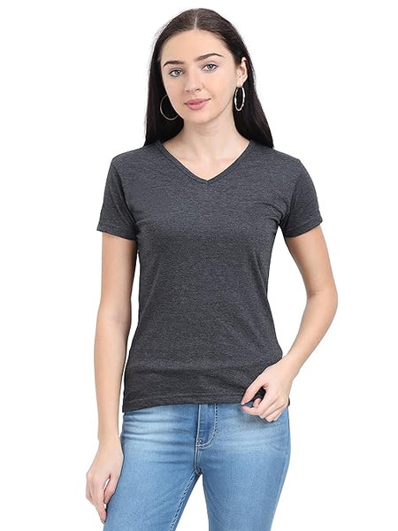 Women Plain V Neck Charcoal T-Shirt