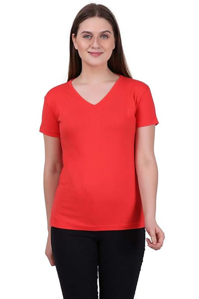 Women Plain V Neck Coral Red T-Shirt