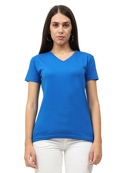 Women Plain V Neck Royal Blue T-Shirt