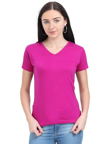 Women Plain V Neck Magenta T-Shirt