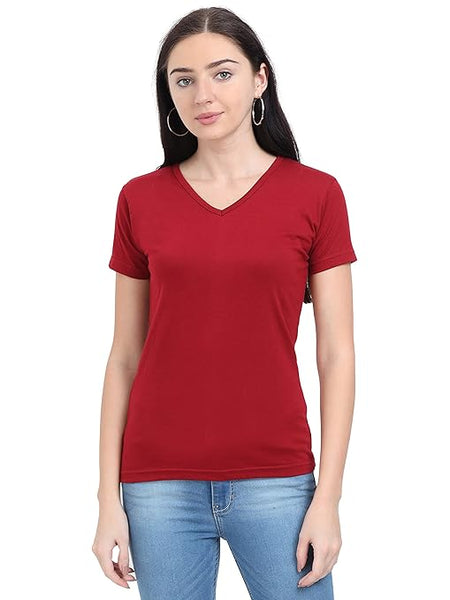 Women Plain V Neck Red T-Shirt