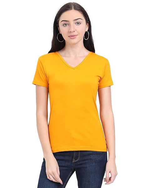 Women Plain V Neck Mustard Yellow T-Shirt