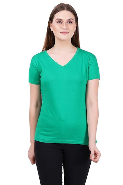 Women Plain V Neck Green T-Shirt